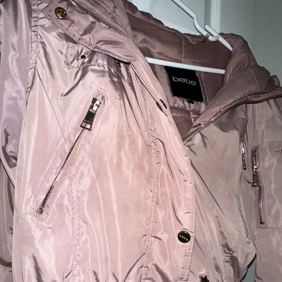 Bebe - Women’s Pink/Mauve Parka Coat Fur Hood - Picture 3 of 14